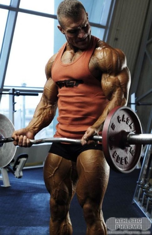 Бодибилдер тренирует мышцы